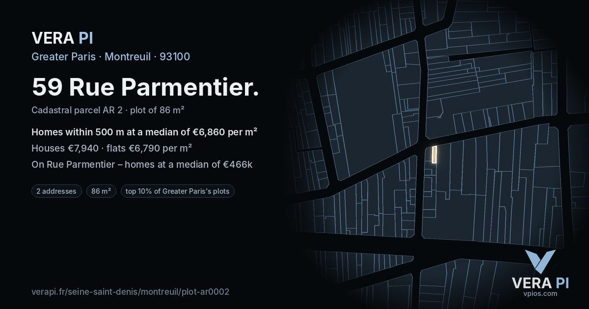 59 Rue Parmentier, Montreuil at night – the plot lit, the parcels around coloured by the prices near them
