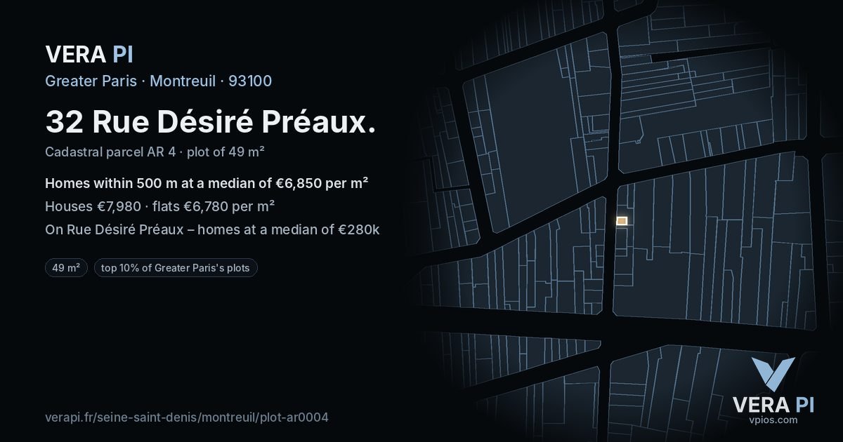 32 Rue Désiré Préaux, Montreuil at night – the plot lit, the parcels around coloured by the prices near them