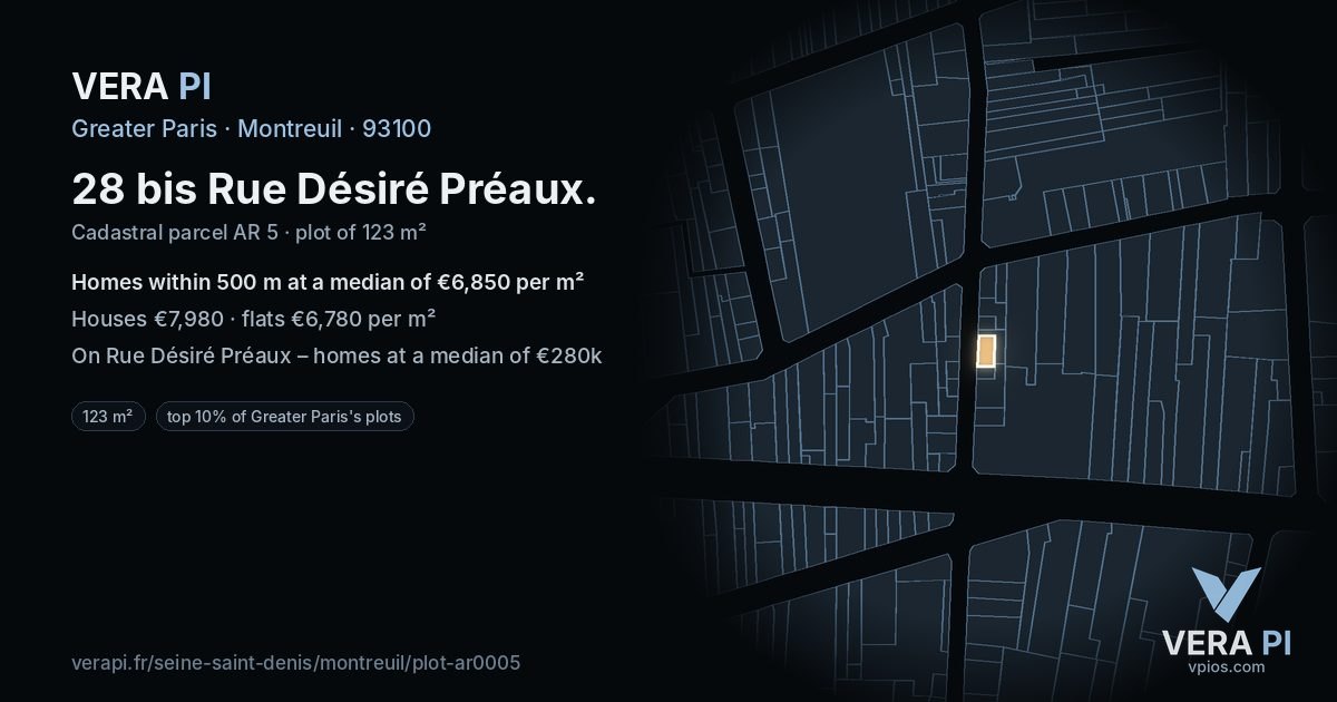 28 bis Rue Désiré Préaux, Montreuil at night – the plot lit, the parcels around coloured by the prices near them