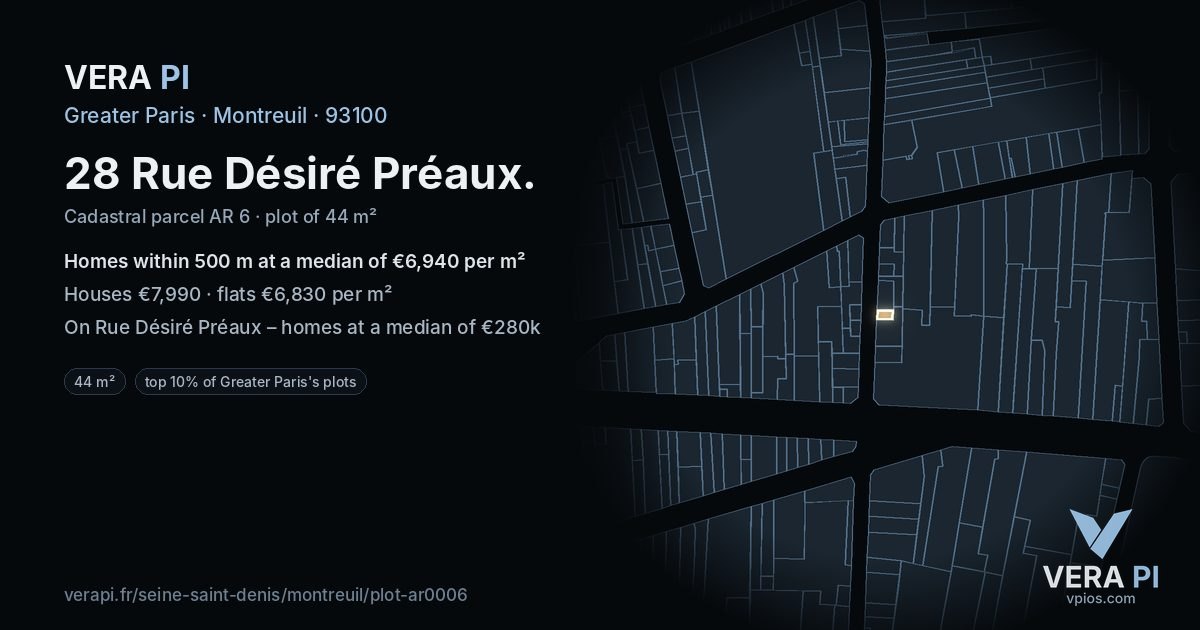 28 Rue Désiré Préaux, Montreuil at night – the plot lit, the parcels around coloured by the prices near them