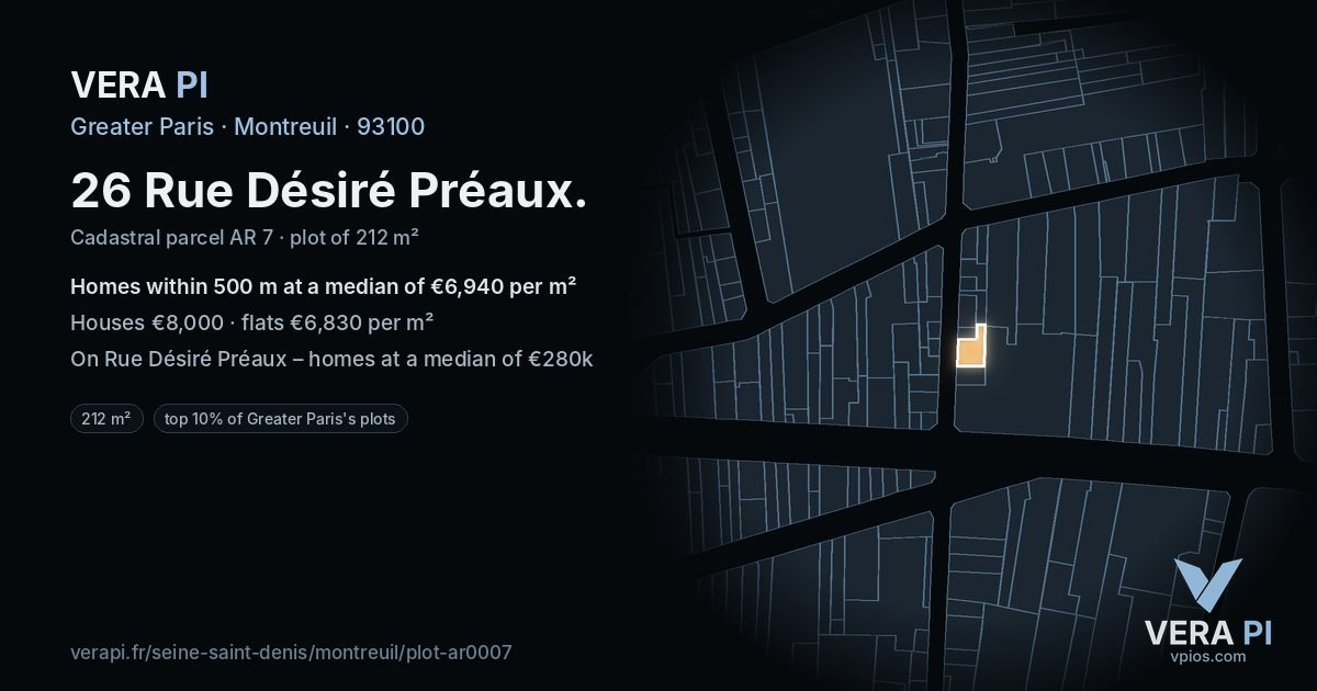 26 Rue Désiré Préaux, Montreuil at night – the plot lit, the parcels around coloured by the prices near them