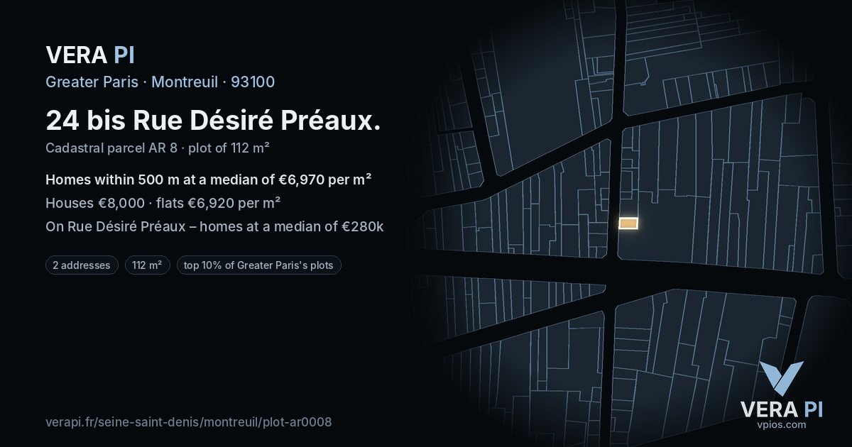 24 bis Rue Désiré Préaux, Montreuil at night – the plot lit, the parcels around coloured by the prices near them