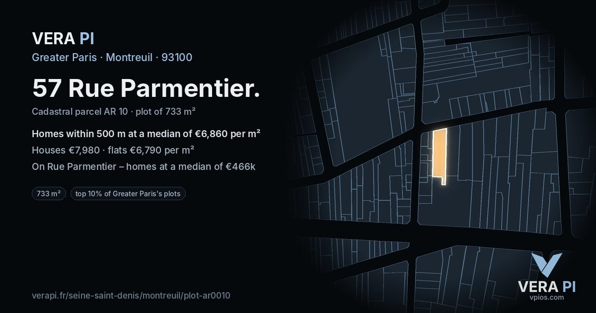 57 Rue Parmentier, Montreuil at night – the plot lit, the parcels around coloured by the prices near them