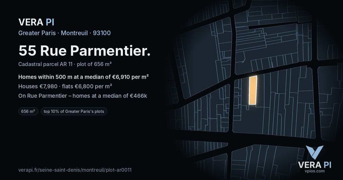 55 Rue Parmentier, Montreuil at night – the plot lit, the parcels around coloured by the prices near them
