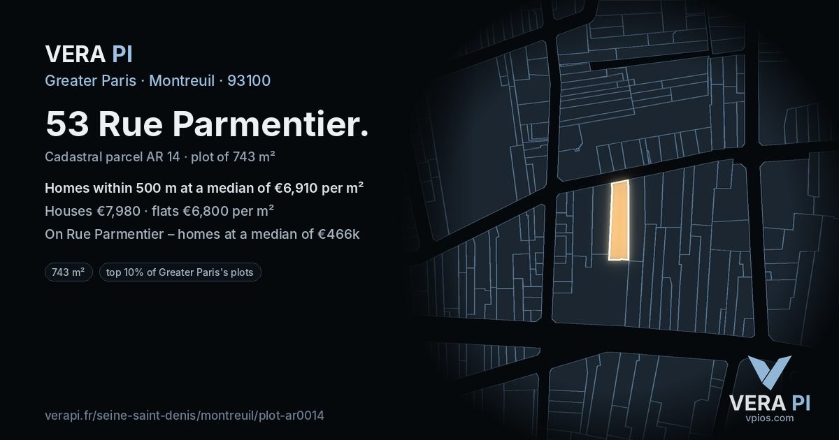 53 Rue Parmentier, Montreuil at night – the plot lit, the parcels around coloured by the prices near them