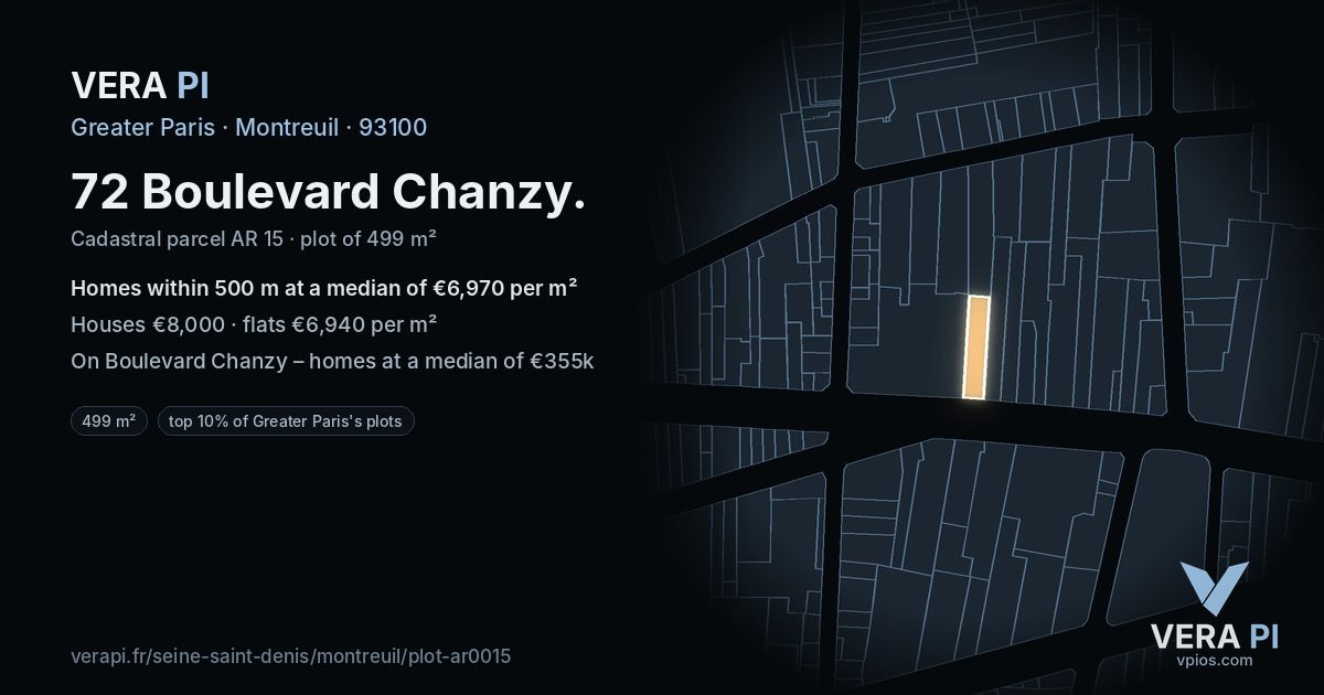 72 Boulevard Chanzy, Montreuil at night – the plot lit, the parcels around coloured by the prices near them