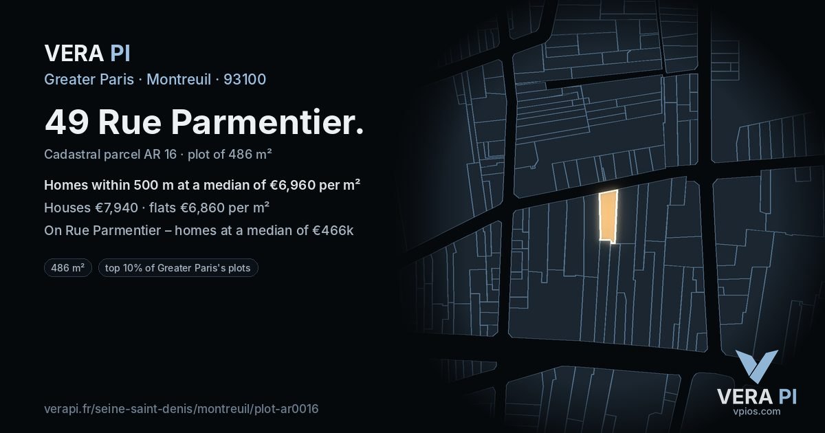 49 Rue Parmentier, Montreuil at night – the plot lit, the parcels around coloured by the prices near them