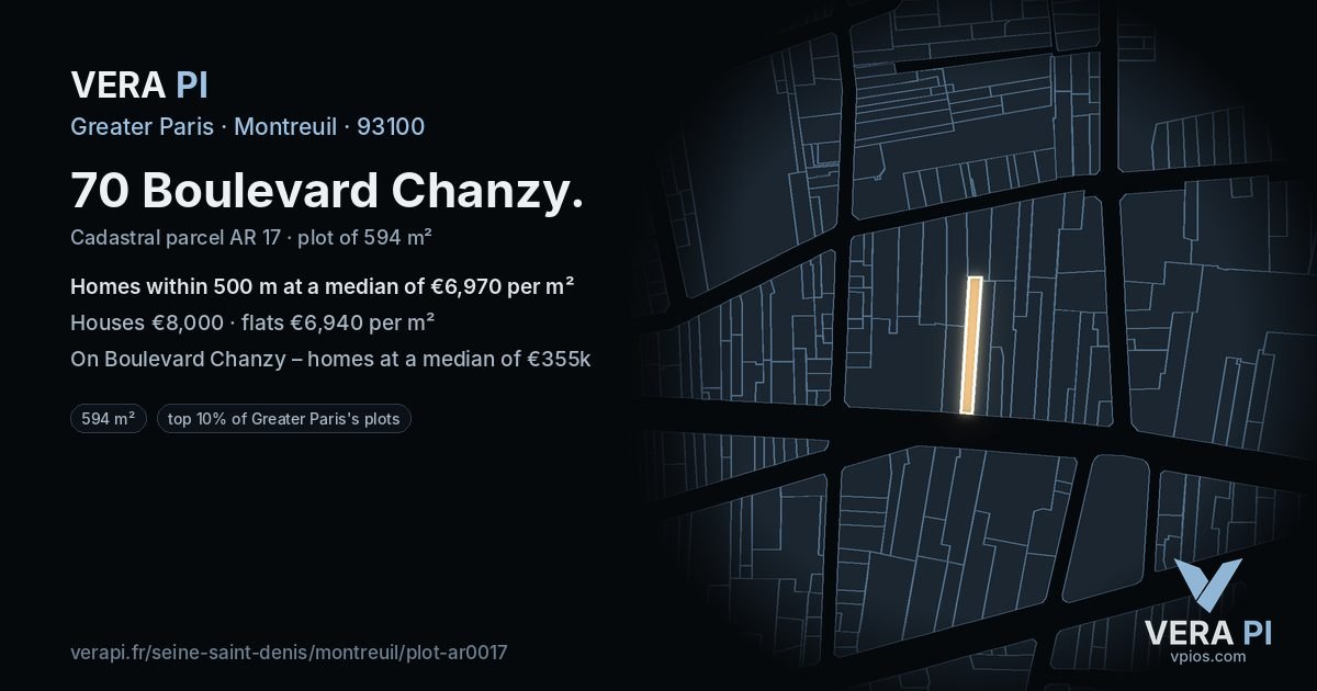 70 Boulevard Chanzy, Montreuil at night – the plot lit, the parcels around coloured by the prices near them