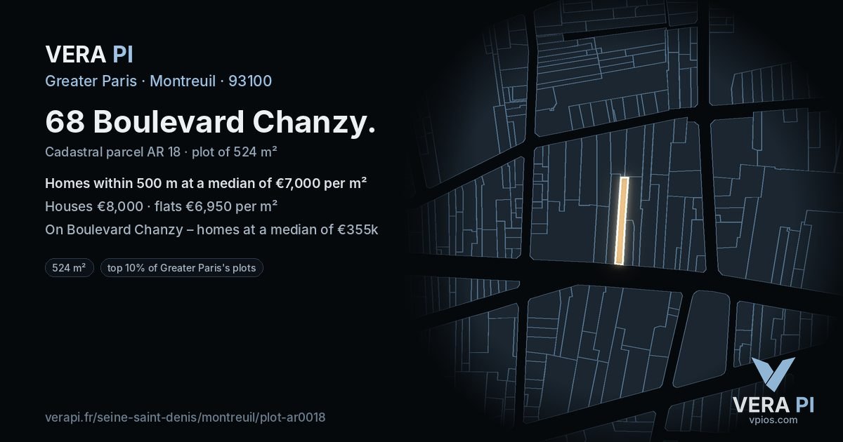68 Boulevard Chanzy, Montreuil at night – the plot lit, the parcels around coloured by the prices near them