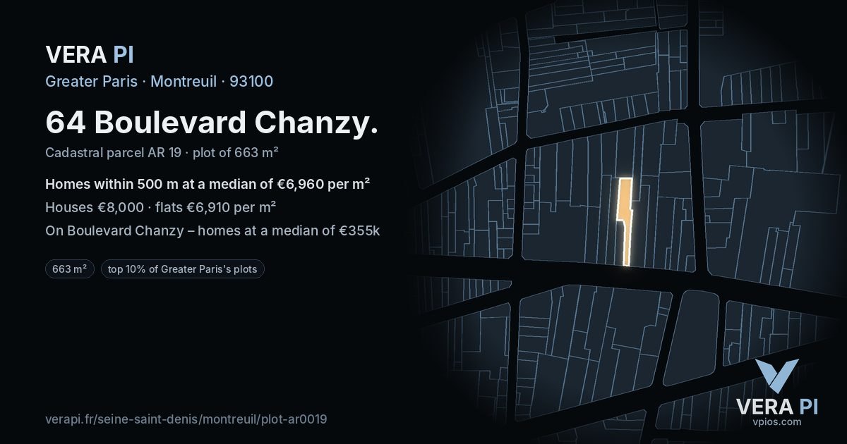 64 Boulevard Chanzy, Montreuil at night – the plot lit, the parcels around coloured by the prices near them