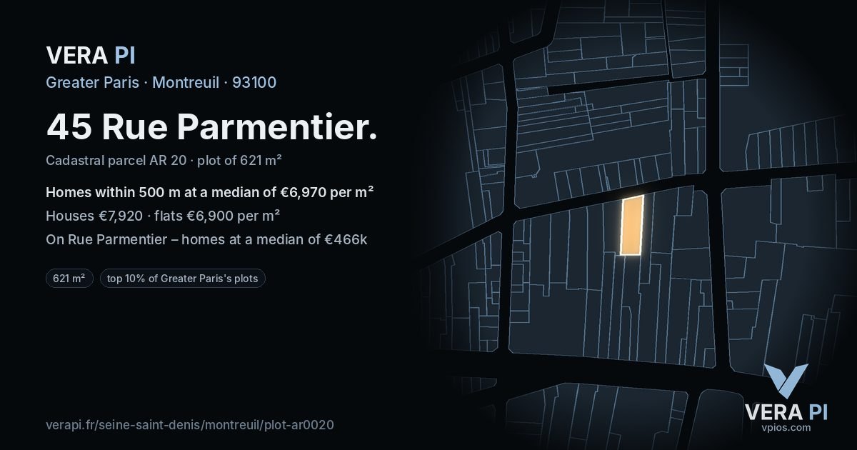 45 Rue Parmentier, Montreuil at night – the plot lit, the parcels around coloured by the prices near them