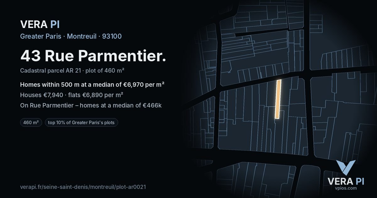 43 Rue Parmentier, Montreuil at night – the plot lit, the parcels around coloured by the prices near them