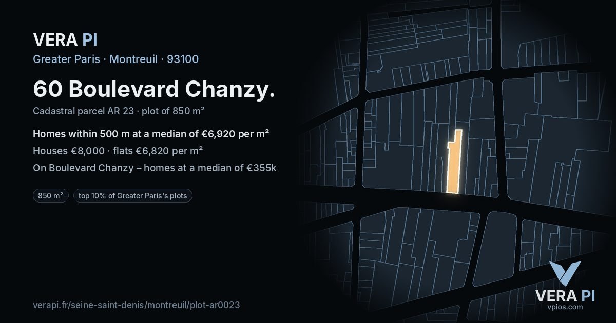 60 Boulevard Chanzy, Montreuil at night – the plot lit, the parcels around coloured by the prices near them