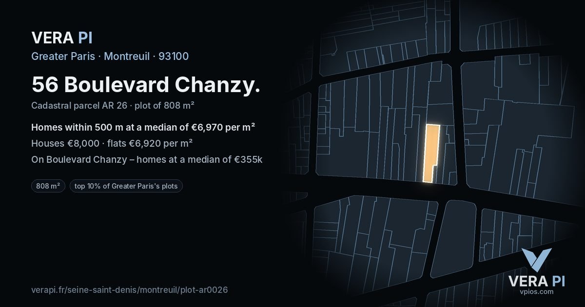56 Boulevard Chanzy, Montreuil at night – the plot lit, the parcels around coloured by the prices near them
