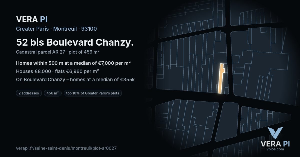 52 bis Boulevard Chanzy, Montreuil at night – the plot lit, the parcels around coloured by the prices near them