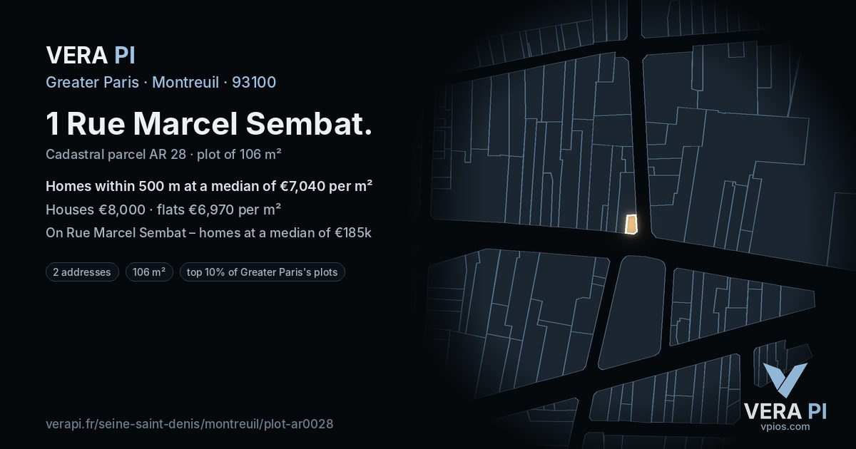 1 Rue Marcel Sembat, Montreuil at night – the plot lit, the parcels around coloured by the prices near them