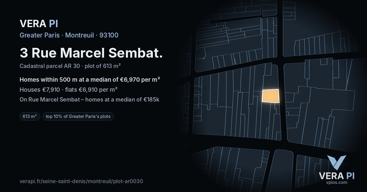 3 Rue Marcel Sembat, Montreuil at night – the plot lit, the parcels around coloured by the prices near them