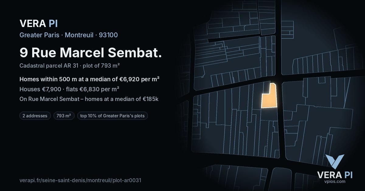 9 Rue Marcel Sembat, Montreuil at night – the plot lit, the parcels around coloured by the prices near them