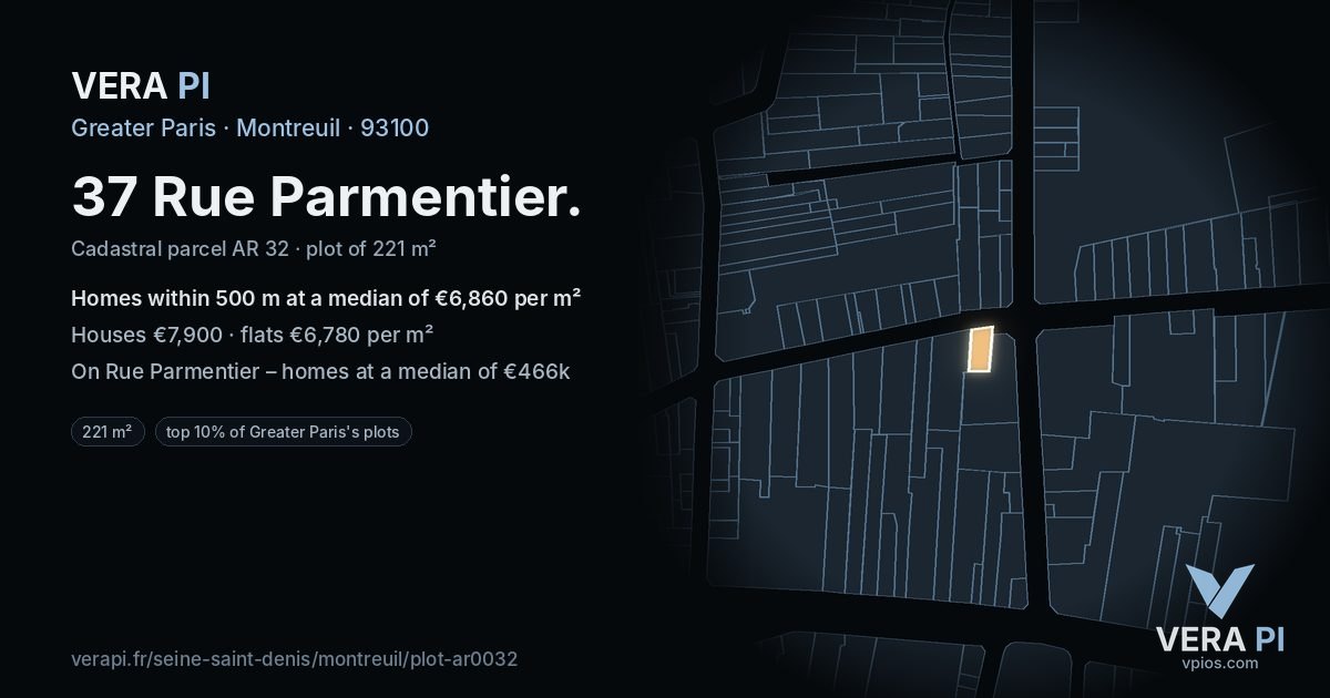 37 Rue Parmentier, Montreuil at night – the plot lit, the parcels around coloured by the prices near them