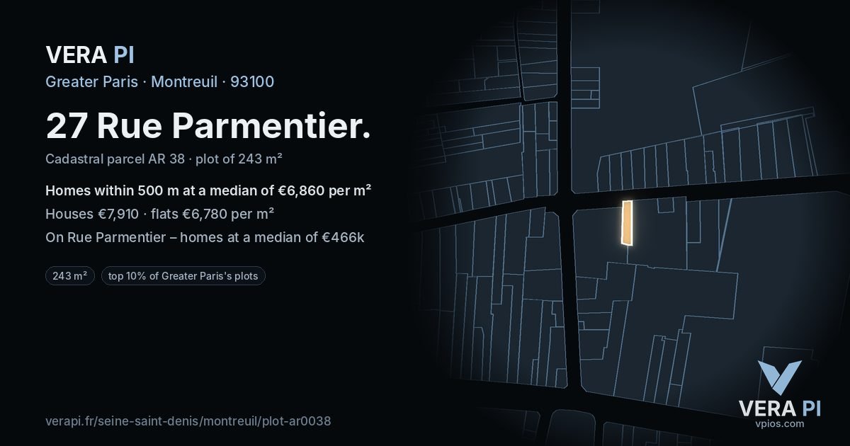 27 Rue Parmentier, Montreuil at night – the plot lit, the parcels around coloured by the prices near them