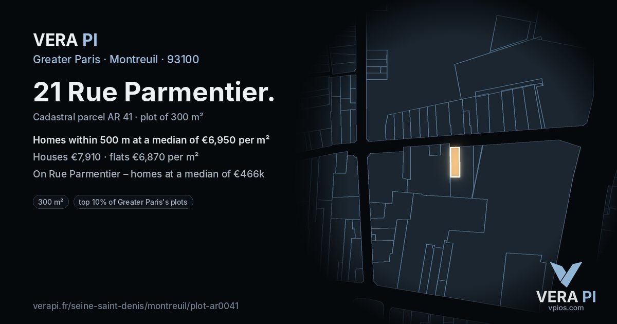 21 Rue Parmentier, Montreuil at night – the plot lit, the parcels around coloured by the prices near them