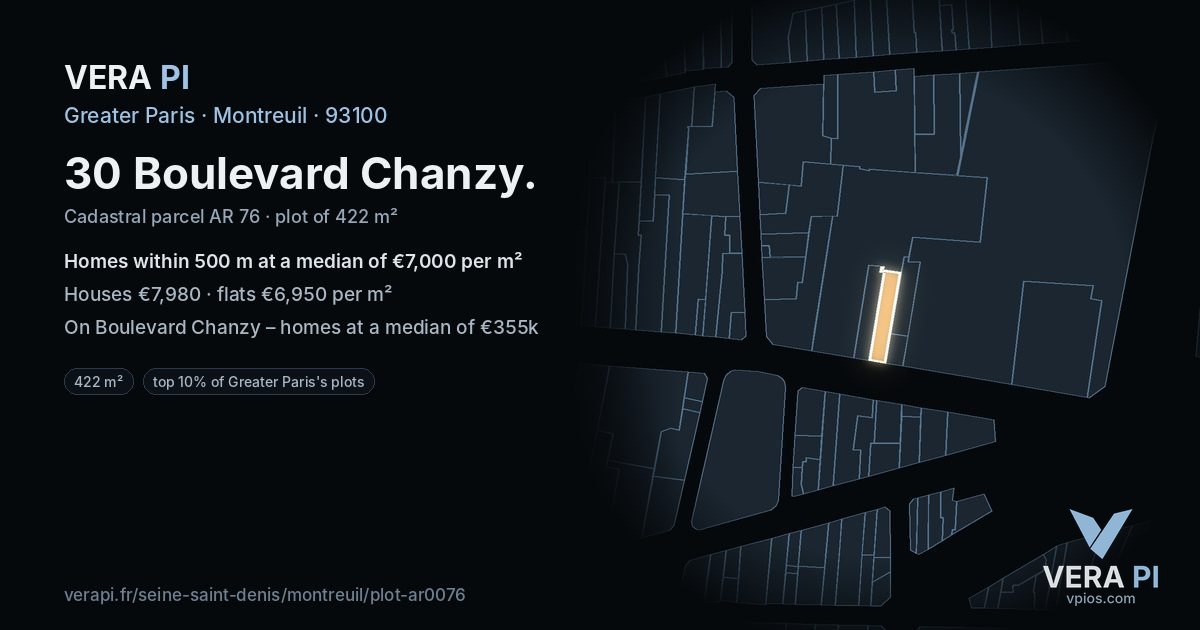 30 Boulevard Chanzy, Montreuil at night – the plot lit, the parcels around coloured by the prices near them