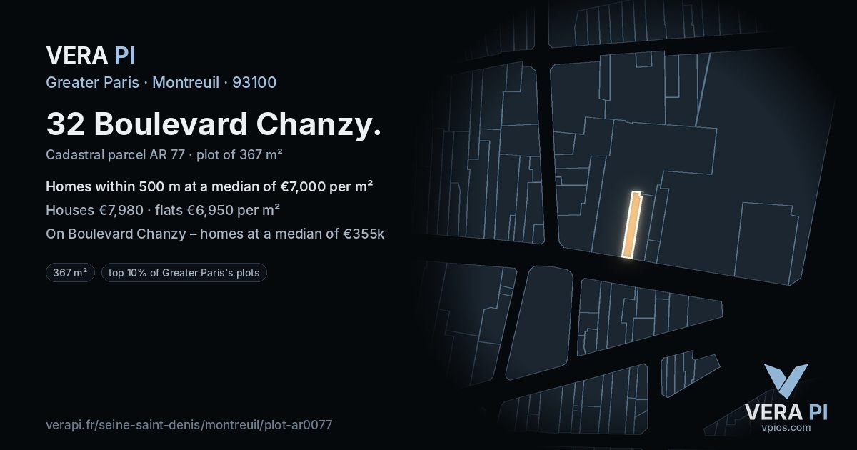 32 Boulevard Chanzy, Montreuil at night – the plot lit, the parcels around coloured by the prices near them