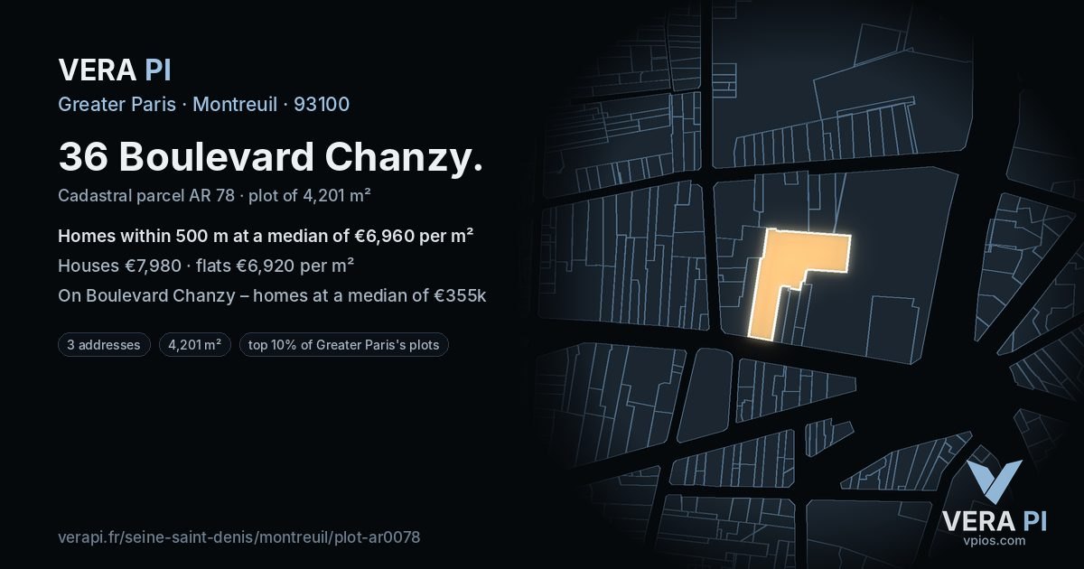 36 Boulevard Chanzy, Montreuil at night – the plot lit, the parcels around coloured by the prices near them