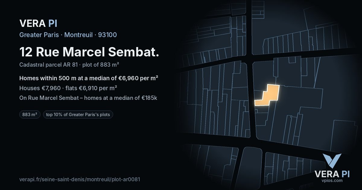 12 Rue Marcel Sembat, Montreuil at night – the plot lit, the parcels around coloured by the prices near them