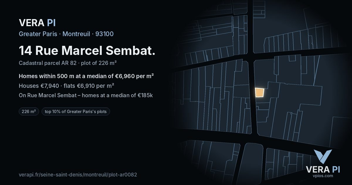 14 Rue Marcel Sembat, Montreuil at night – the plot lit, the parcels around coloured by the prices near them