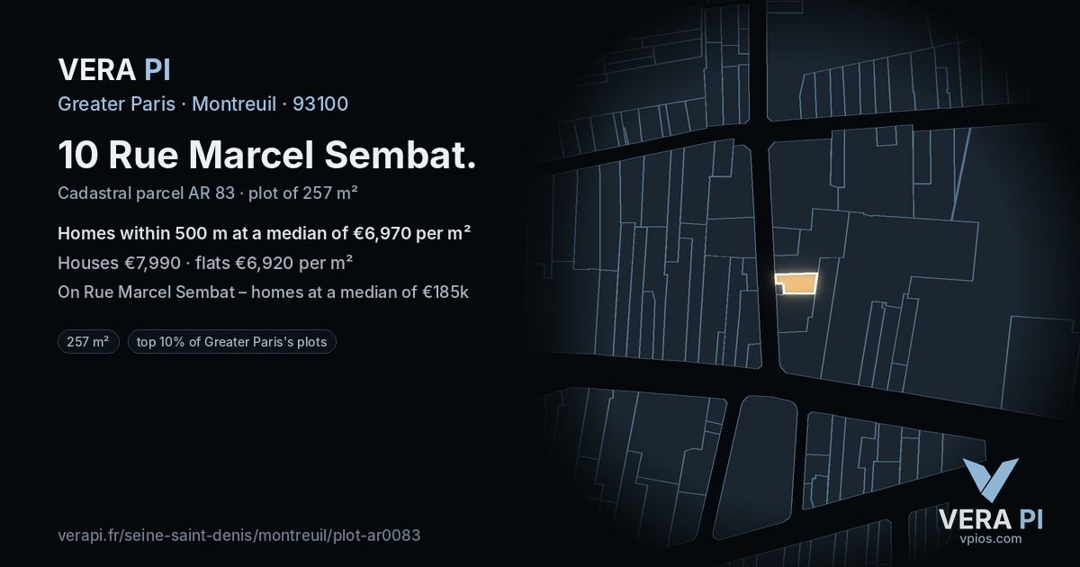 10 Rue Marcel Sembat, Montreuil at night – the plot lit, the parcels around coloured by the prices near them
