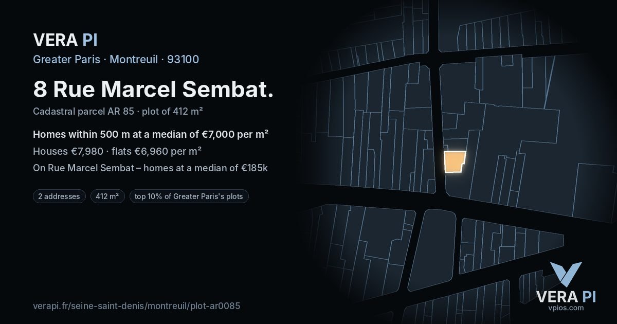 8 Rue Marcel Sembat, Montreuil at night – the plot lit, the parcels around coloured by the prices near them