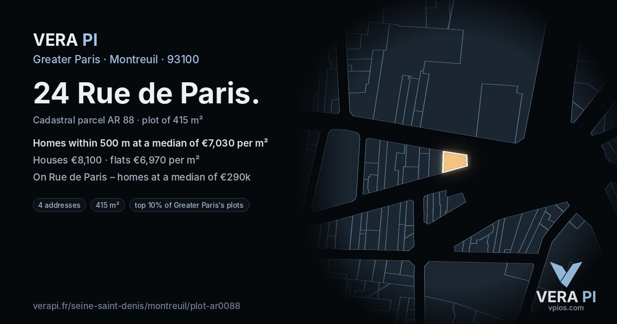 24 Rue de Paris, Montreuil at night – the plot lit, the parcels around coloured by the prices near them