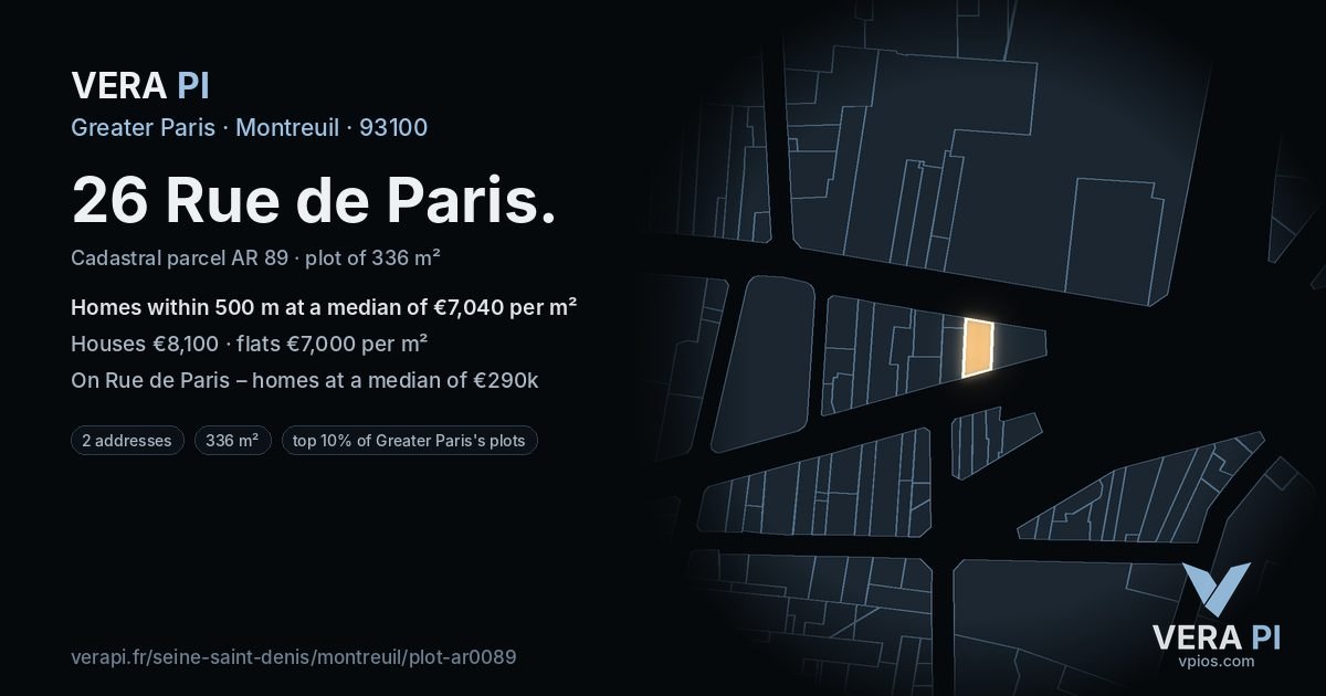 26 Rue de Paris, Montreuil at night – the plot lit, the parcels around coloured by the prices near them