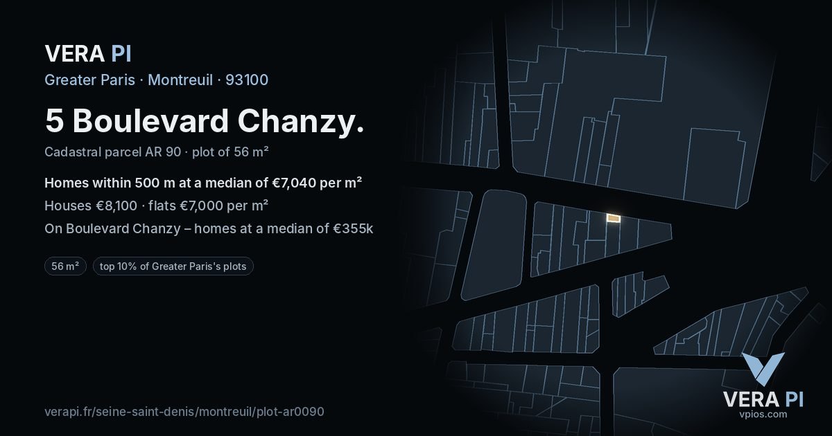 5 Boulevard Chanzy, Montreuil at night – the plot lit, the parcels around coloured by the prices near them