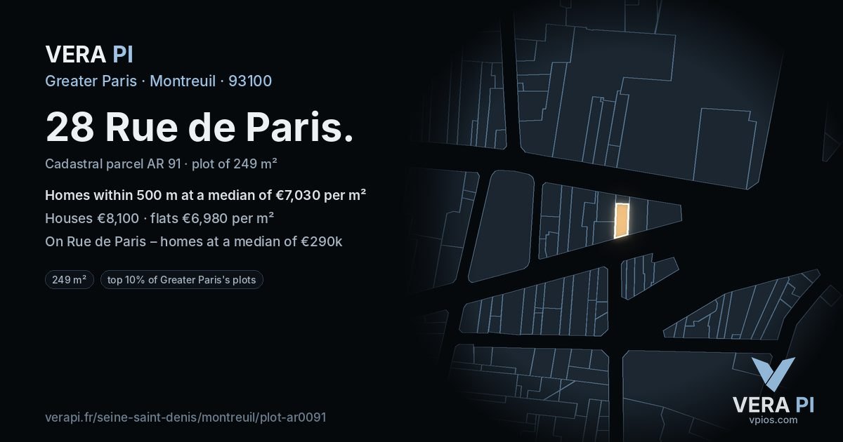28 Rue de Paris, Montreuil at night – the plot lit, the parcels around coloured by the prices near them