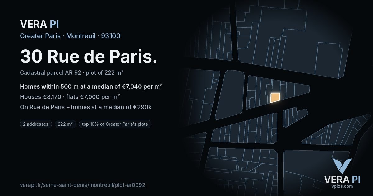 30 Rue de Paris, Montreuil at night – the plot lit, the parcels around coloured by the prices near them