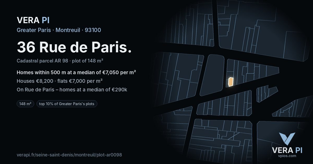36 Rue de Paris, Montreuil at night – the plot lit, the parcels around coloured by the prices near them