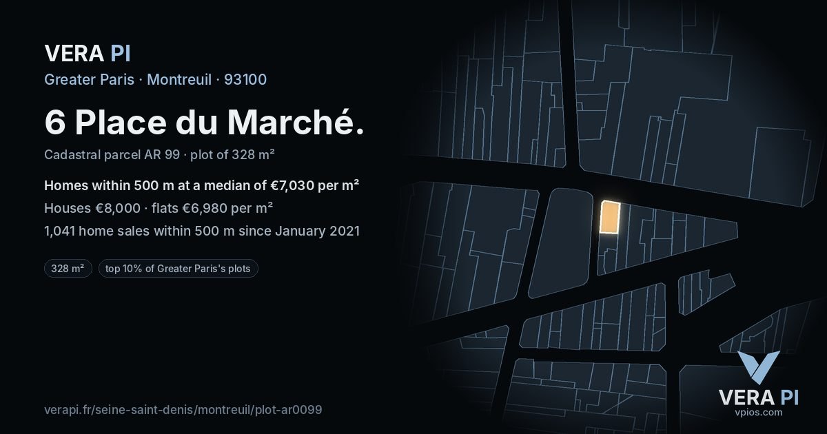 6 Place du Marché, Montreuil at night – the plot lit, the parcels around coloured by the prices near them