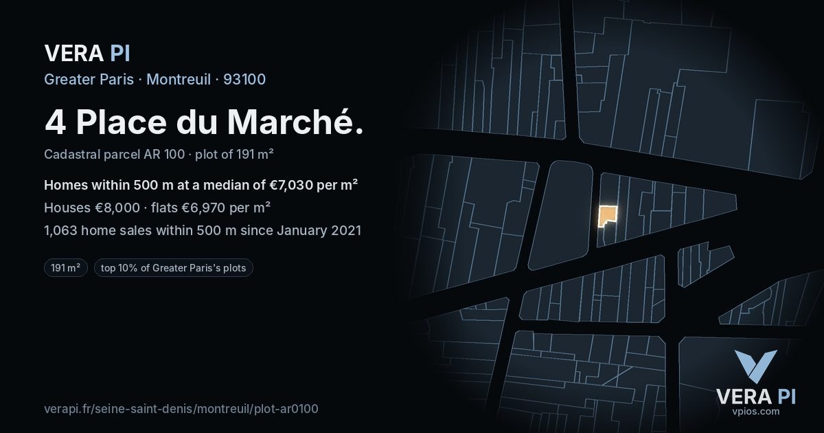 4 Place du Marché, Montreuil at night – the plot lit, the parcels around coloured by the prices near them