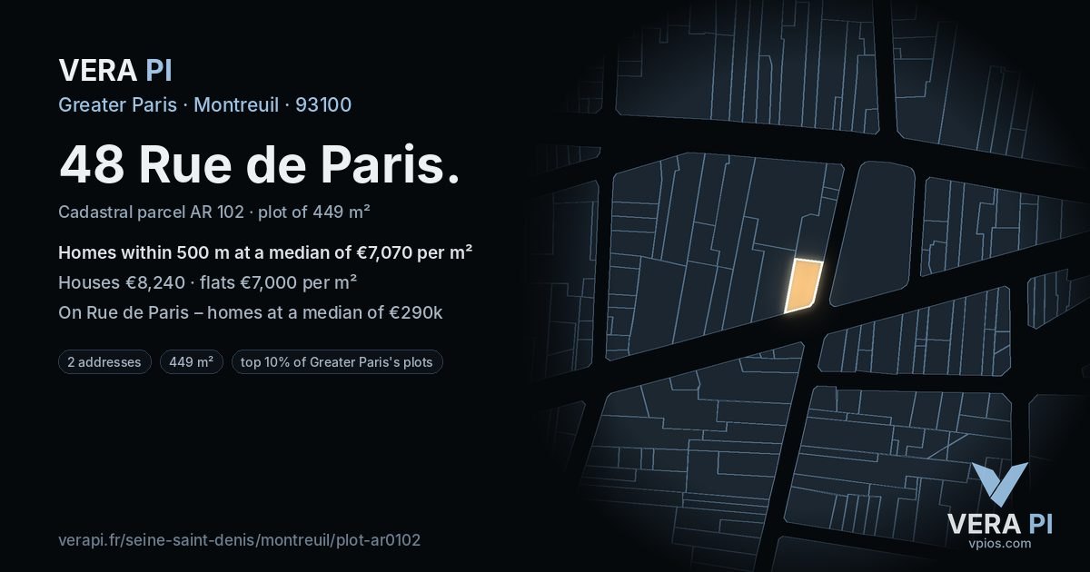 48 Rue de Paris, Montreuil at night – the plot lit, the parcels around coloured by the prices near them
