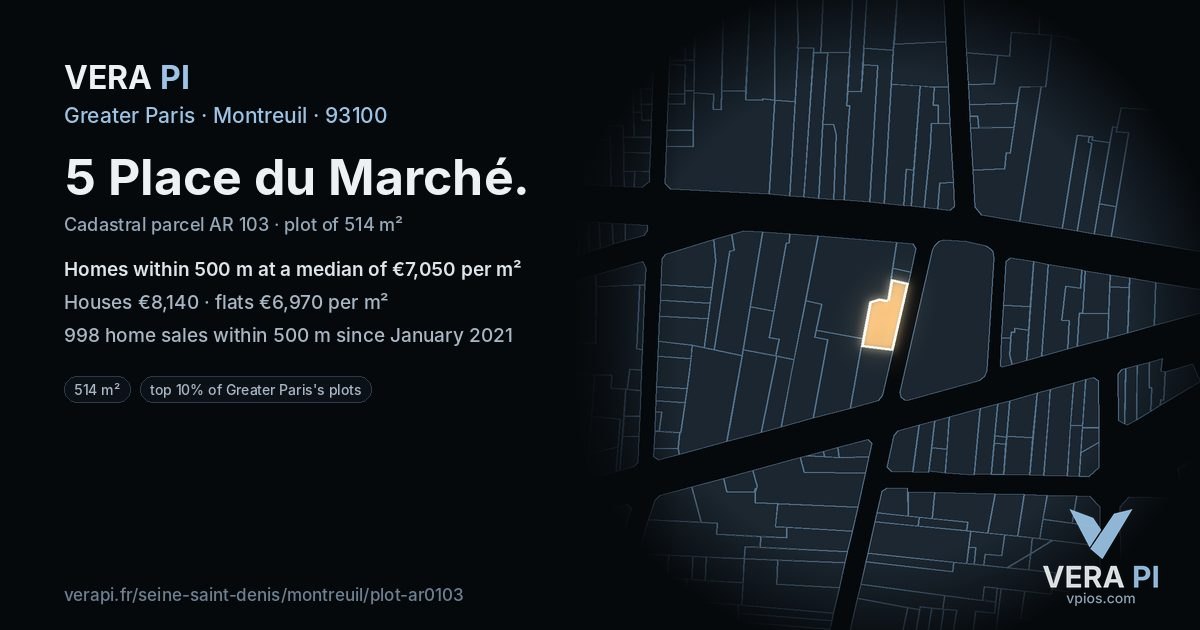 5 Place du Marché, Montreuil at night – the plot lit, the parcels around coloured by the prices near them