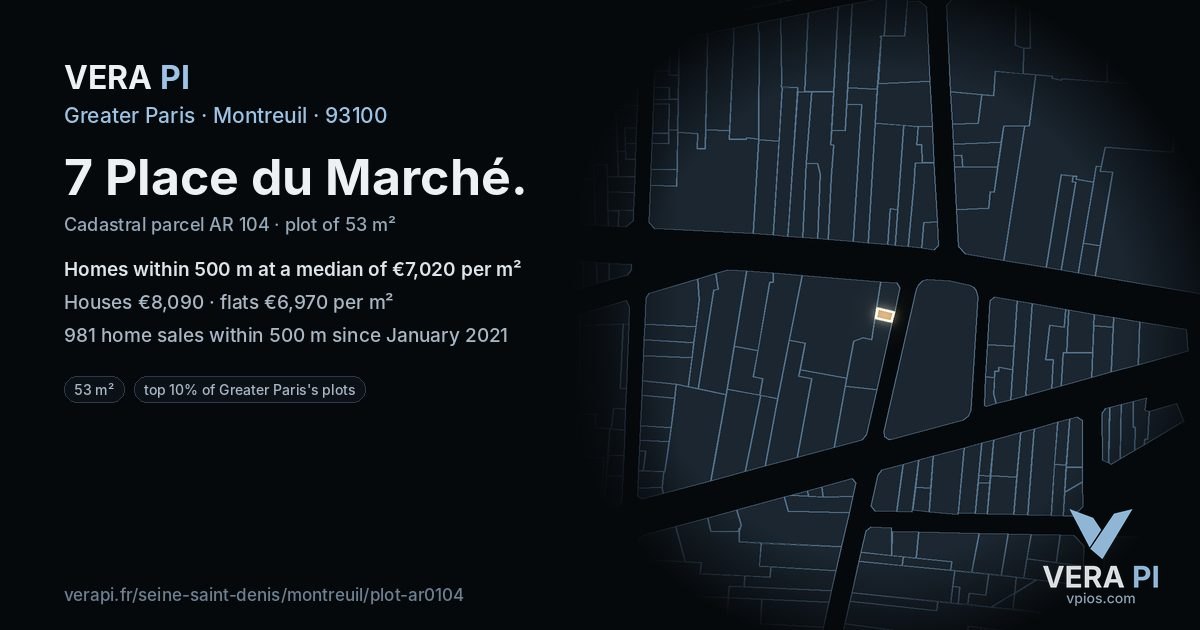 7 Place du Marché, Montreuil at night – the plot lit, the parcels around coloured by the prices near them