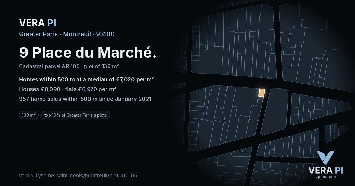 9 Place du Marché, Montreuil at night – the plot lit, the parcels around coloured by the prices near them