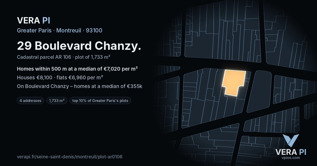 29 Boulevard Chanzy, Montreuil at night – the plot lit, the parcels around coloured by the prices near them