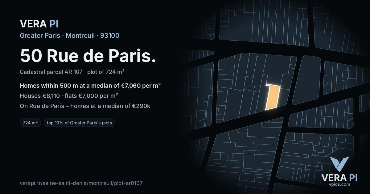 50 Rue de Paris, Montreuil at night – the plot lit, the parcels around coloured by the prices near them