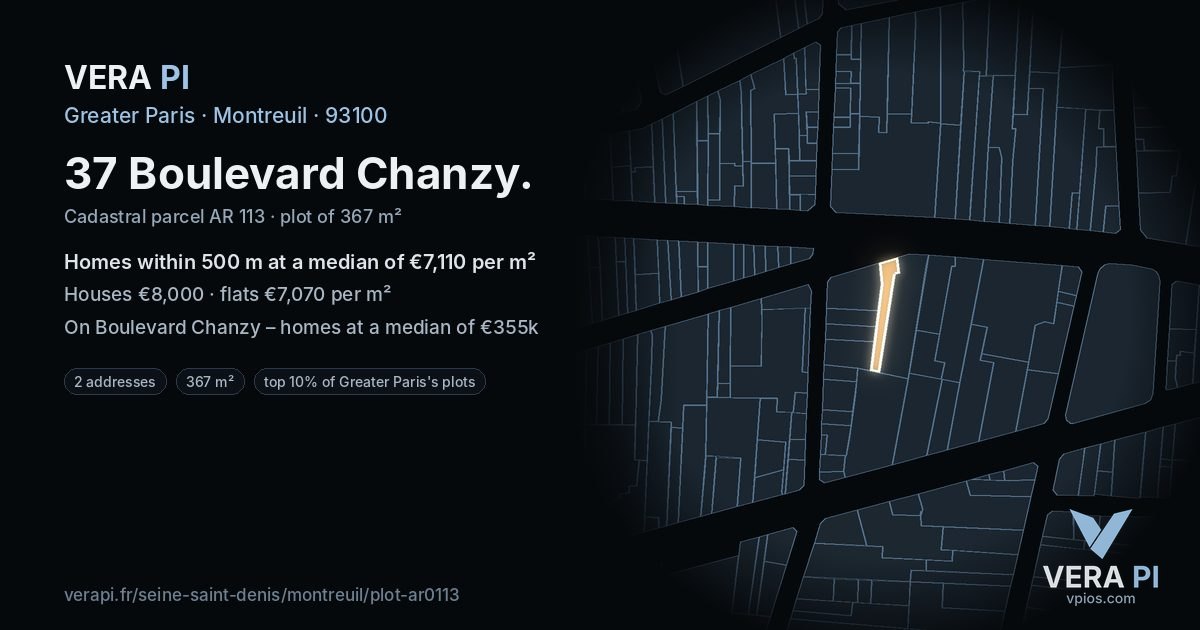 37 Boulevard Chanzy, Montreuil at night – the plot lit, the parcels around coloured by the prices near them