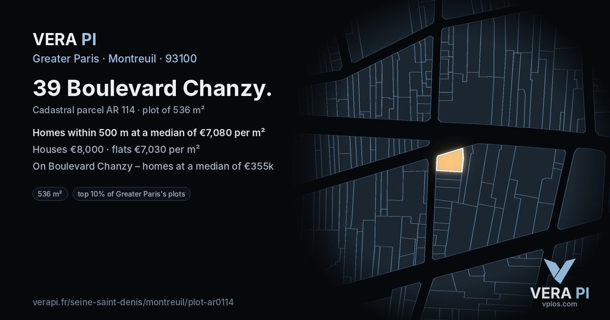 39 Boulevard Chanzy, Montreuil at night – the plot lit, the parcels around coloured by the prices near them
