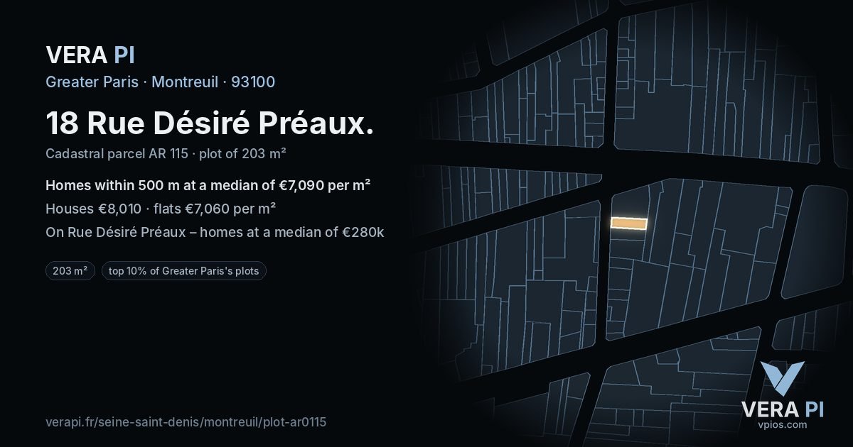18 Rue Désiré Préaux, Montreuil at night – the plot lit, the parcels around coloured by the prices near them