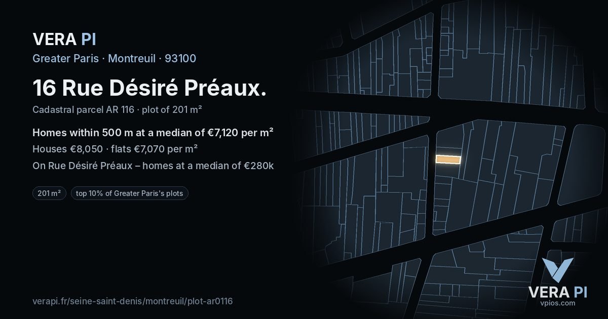 16 Rue Désiré Préaux, Montreuil at night – the plot lit, the parcels around coloured by the prices near them